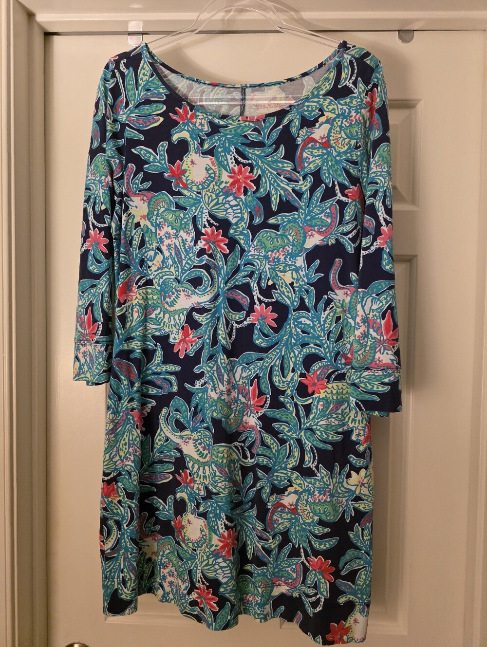 GUC Lilly Pulitzer Pima Cotton Shift Dress -- Navy/Pink/Green Print -- Large